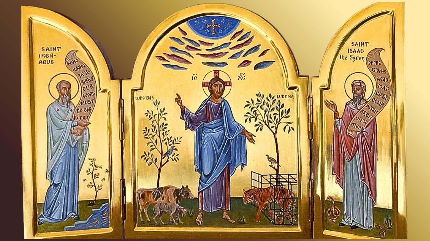 Pan-Orthodox Concern for Animals - Icon - Christ Breaking the Bonds of Animal Suffering. Luke 14:5. Beautiful triptych by Aidan Hart